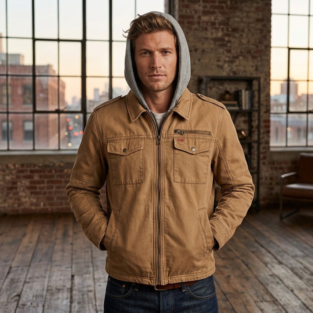 Levi's Men's Hooded Military Field Jacket Size Large L Canvas Quilted Lined Tan